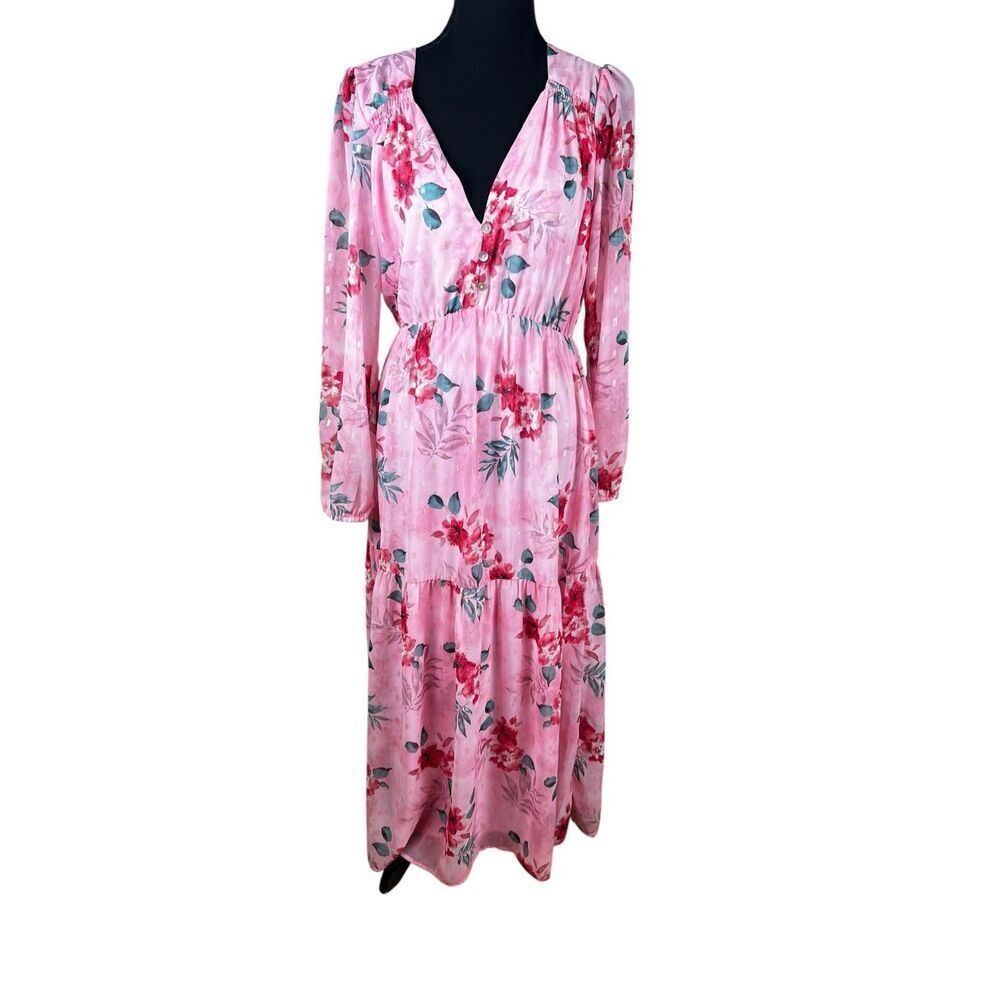 NSR woman’s medium pink floral tiered sheer long sleeve maxi dress career